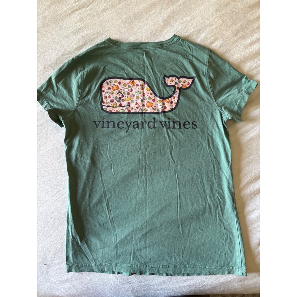 Vineyard Vines Pocket T-Shirt Womens XS Teal Fall Pumpkin Preppy Autumn Cottage - Picture 3 of 6
